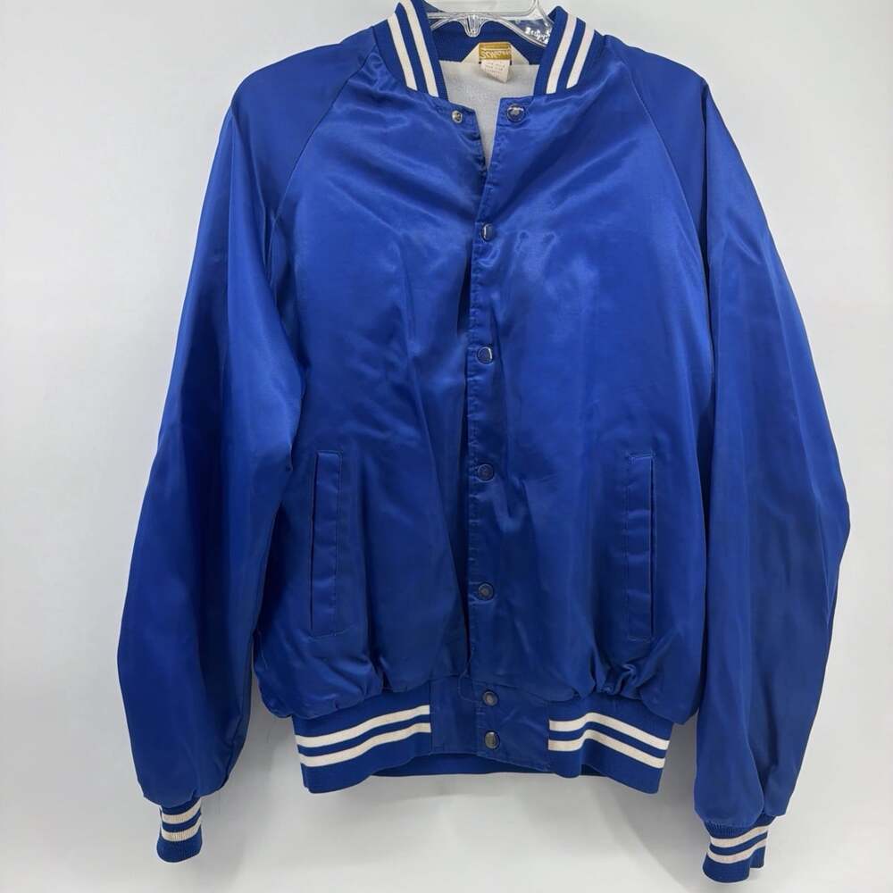 Vintage Satin Bomber Jacket Royal Blue Size XL USA Made 80s 90s Retro